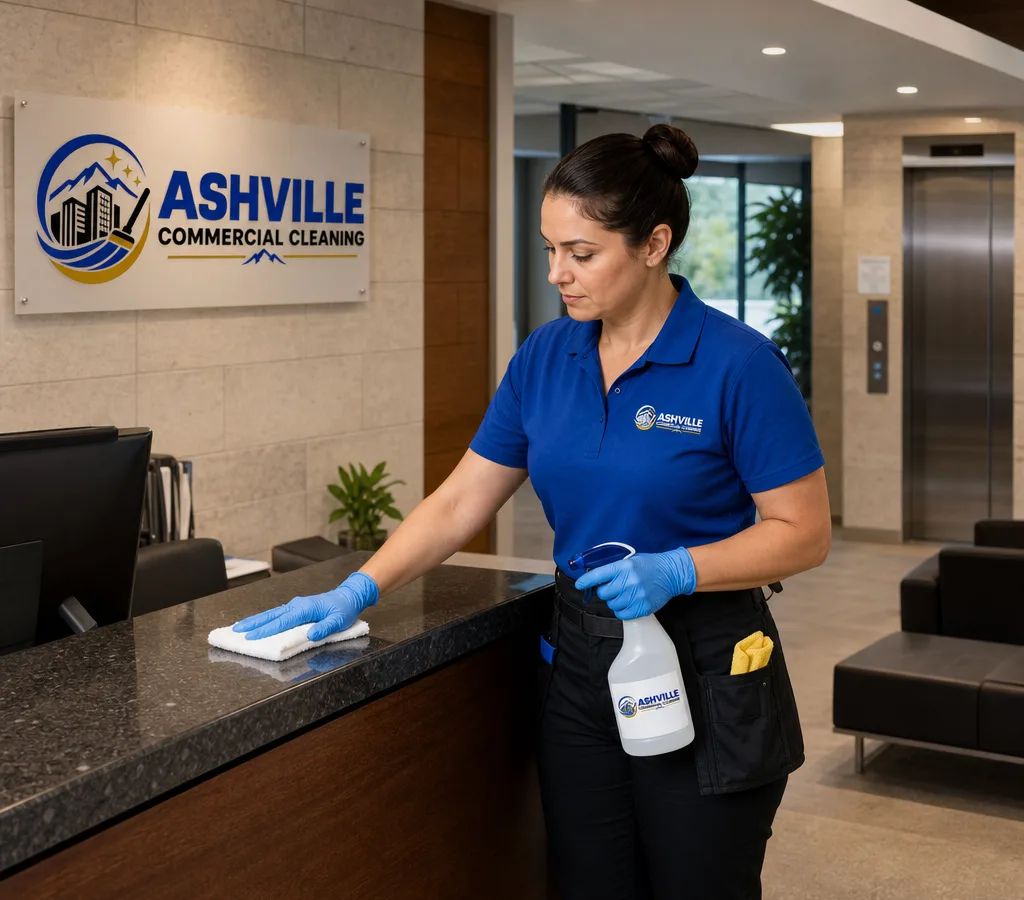 Cleaner disinfecting high-touch points in a professional Asheville office lobby