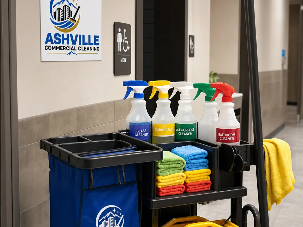 Commercial janitorial cart with labeled supplies and color-coded microfiber cloths outside office restrooms