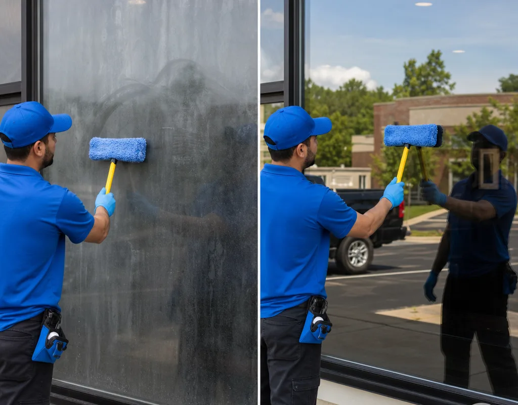 Storefront window before cleaning with visible haze and fingerprints and after cleaning with clear reflections