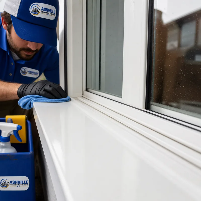 Cleaned commercial window sill and lower frame with no drip trails or debris in the track
