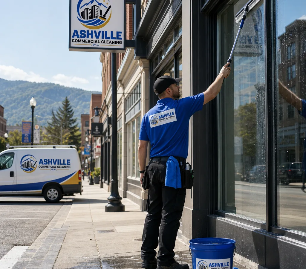 Technician washing large commercial storefront windows on a downtown Asheville sidewalk