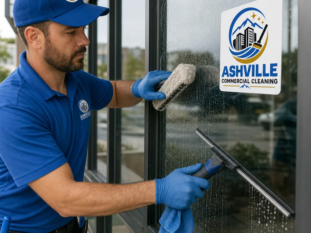 Technician scrubbing a commercial window and wiping the frame edge after a clean squeegee pass