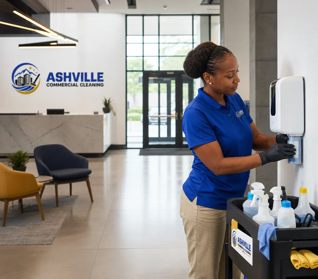 Commercial cleaner restocking dispensers and wiping high-touch surfaces in a modern Asheville office lobby