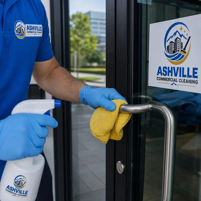 High-touch glass entry door and handle being disinfected and polished to a streak-free finish