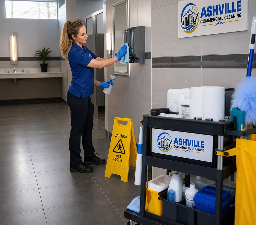 Commercial cleaner restocking an office restroom and wiping high-touch surfaces beside neatly staged supplies