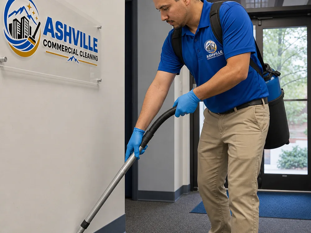 Technician vacuuming and edging commercial hallway baseboards beside entry matting