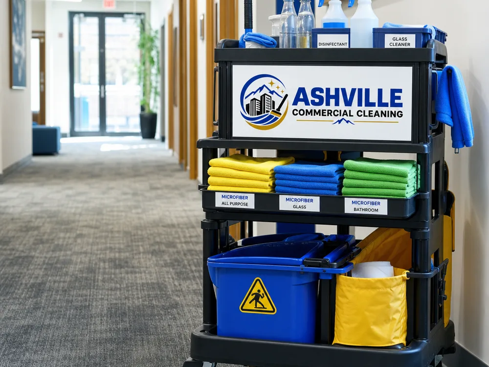Organized commercial cleaning cart with labeled supplies and color-coded microfiber cloths